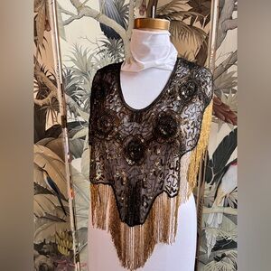Black and Gold Beaded Fringe Shawl